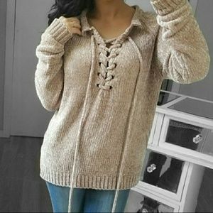 Champagne chenille lace-up sweater